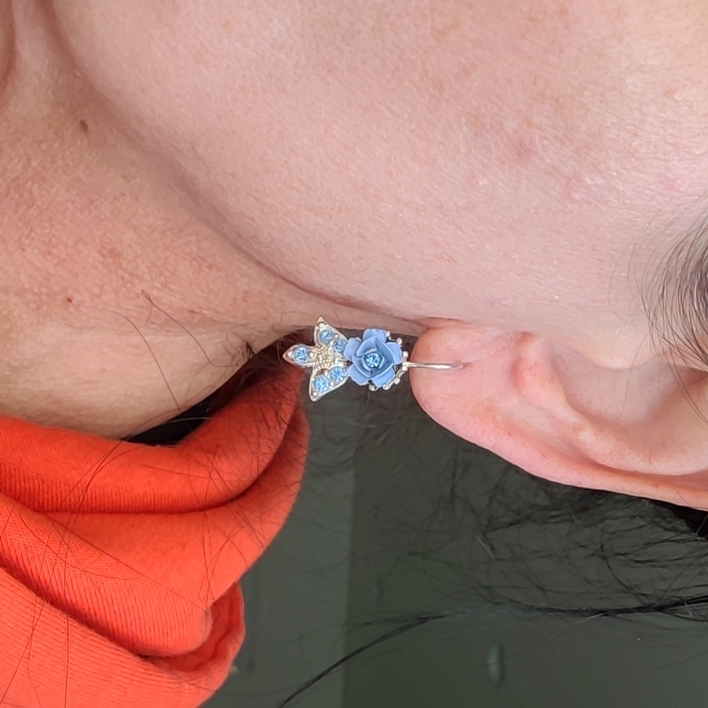 Earrings "Something Blue" Silver Tone Rose Dangle Bride Wedding Delicate Pretty - Picture 6 of 6